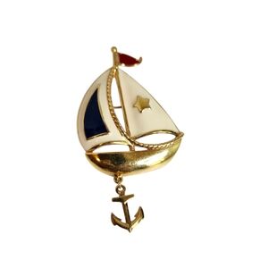 Avon Gold Sailboat Brooch with Red and Blue Accents